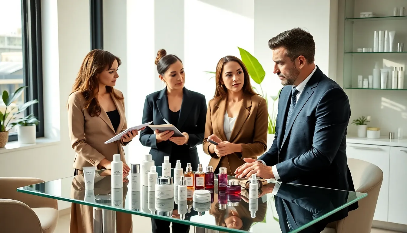 diverse team discussing skincare routines in a modern studio.