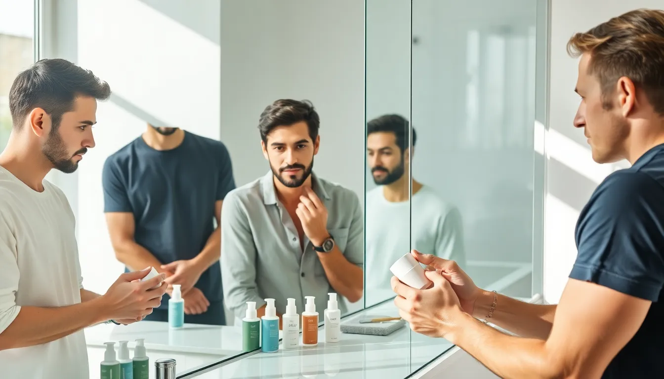 diverse men demonstrating different skincare routines in a modern bathroom.