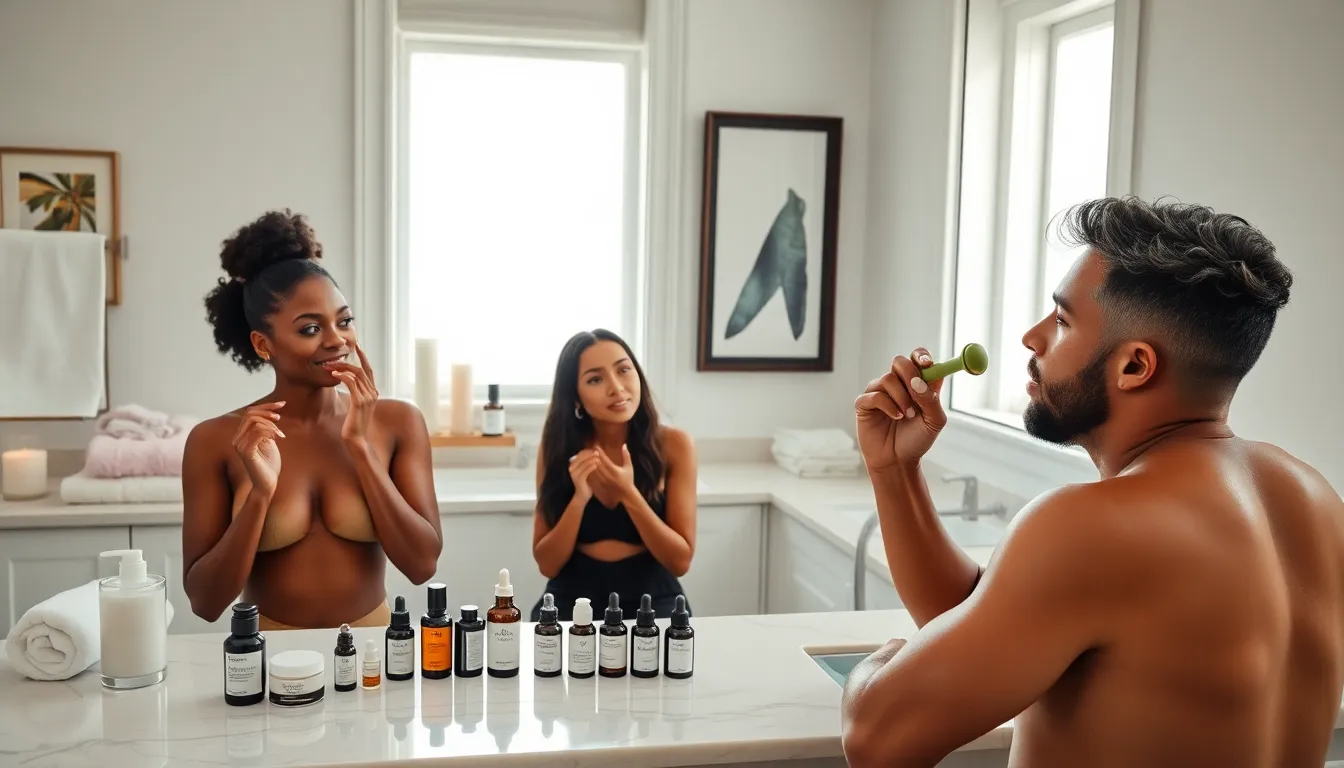 celebrities engaged in their skincare routines in a luxurious bathroom.
